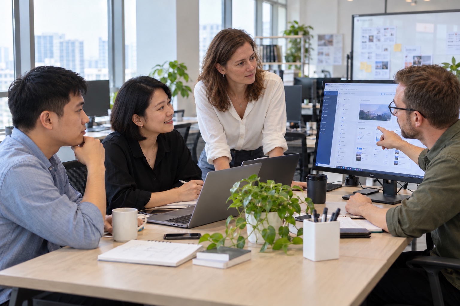 Colleagues discussing a product around a computer.