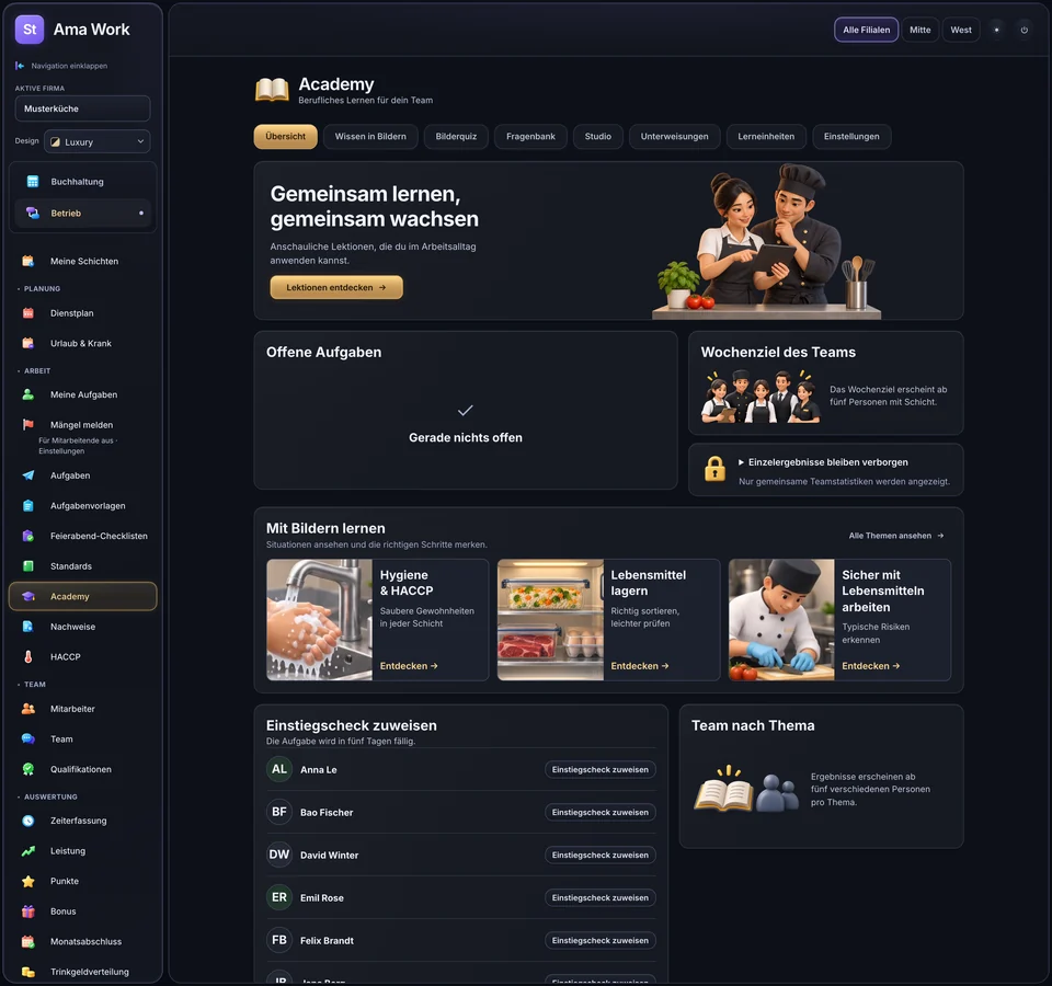 Official Ama Work dark theme showing sample Academy learning areas