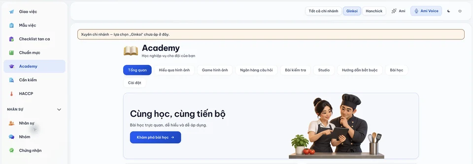 Ama Work Academy in the real light theme, showing the Vietnamese app interface