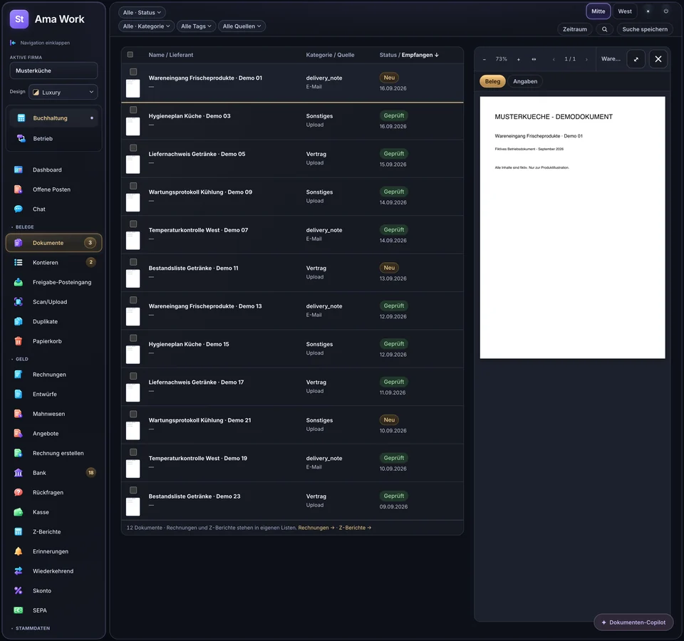 Ama Work document workspace with a document list and preview