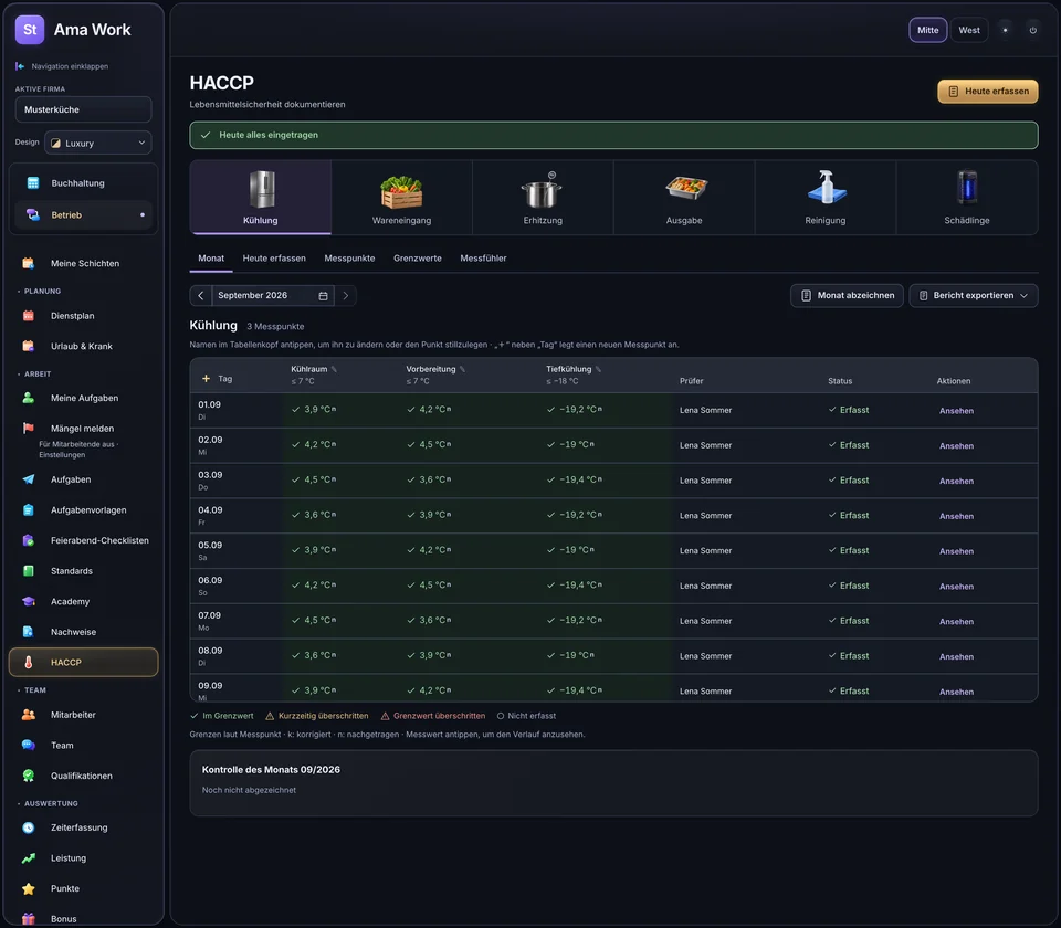 Official Ama Work dark theme showing sample HACCP temperature checks