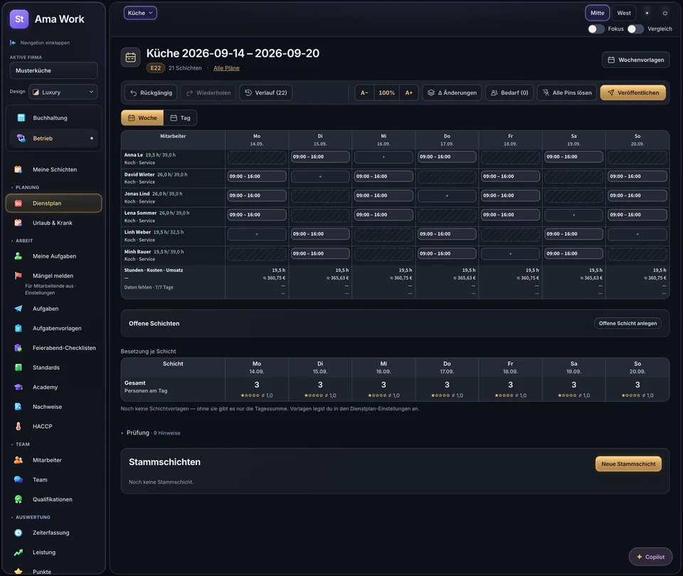 Official Ama Work dark theme showing a sample weekly shift planner