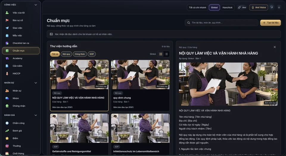Ama Work standards library in the real dark theme, showing the Vietnamese app interface