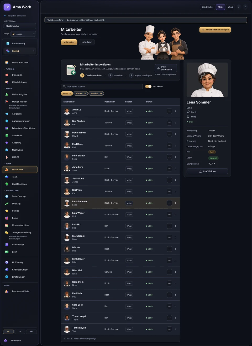 Official Ama Work dark theme showing sample team members and roles