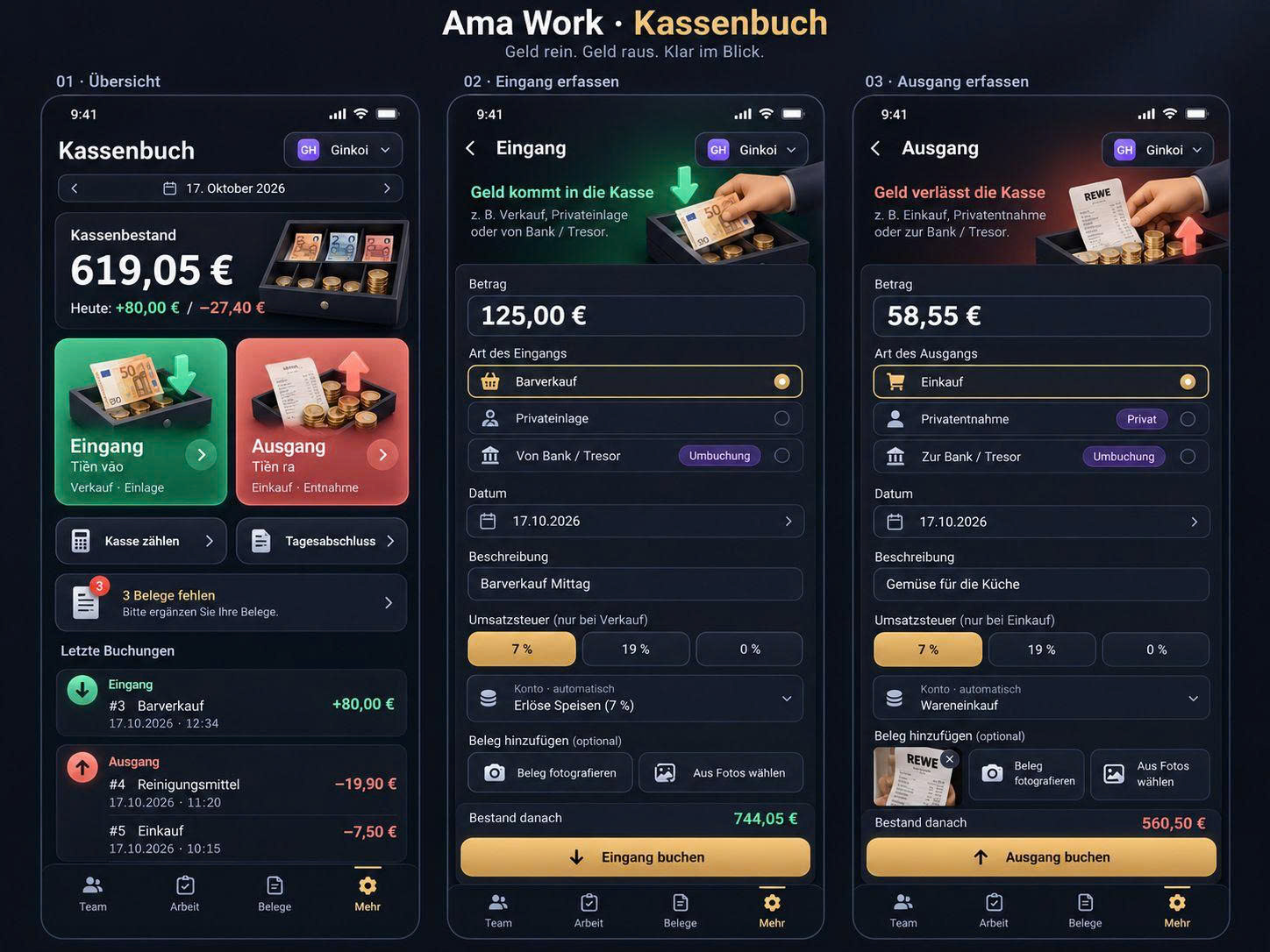 Cashbook, income and expenses