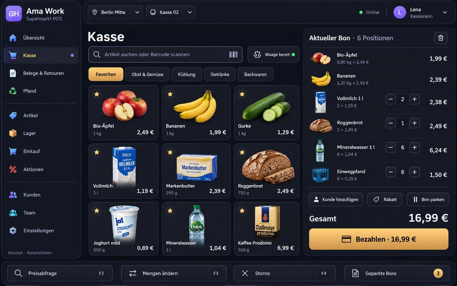 Ama Work — Retail checkout with products and receipt, sample data