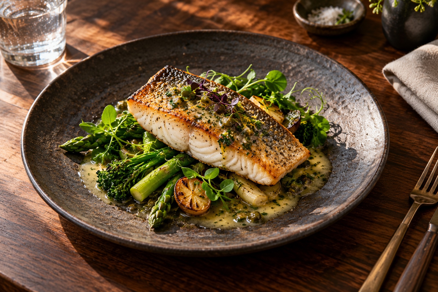 Roasted fish with seasonal vegetables