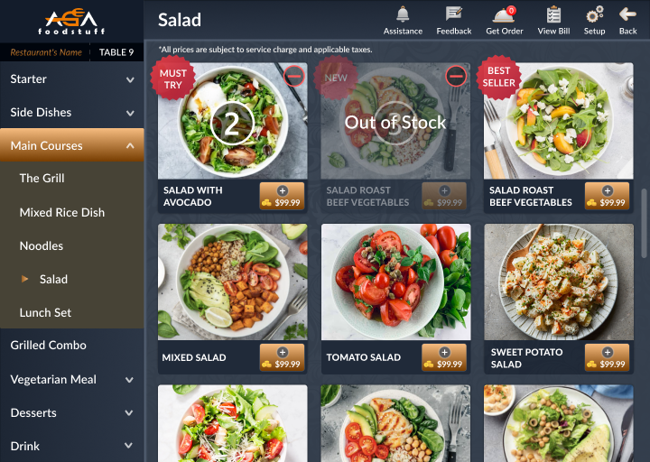 Digital Menu showing Best Seller and Must Try labels alongside an Out of Stock dish