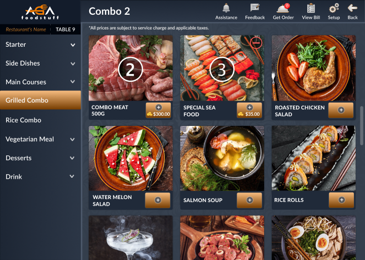 Tablet combo menu with meat and seafood dishes and selected quantity indicators