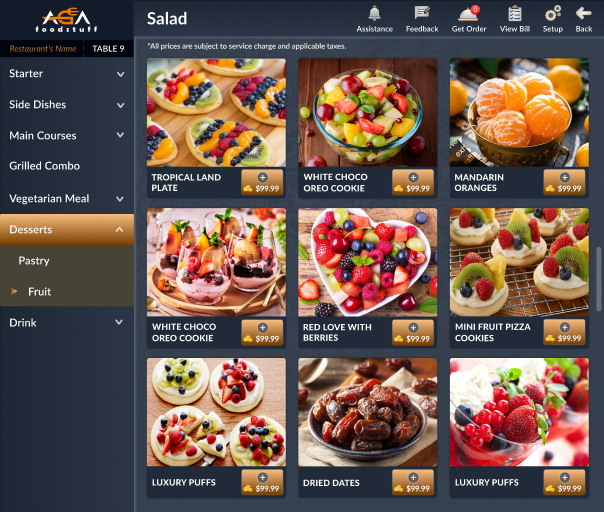 Tablet menu showing dessert subcategories, dish photos, prices and add buttons