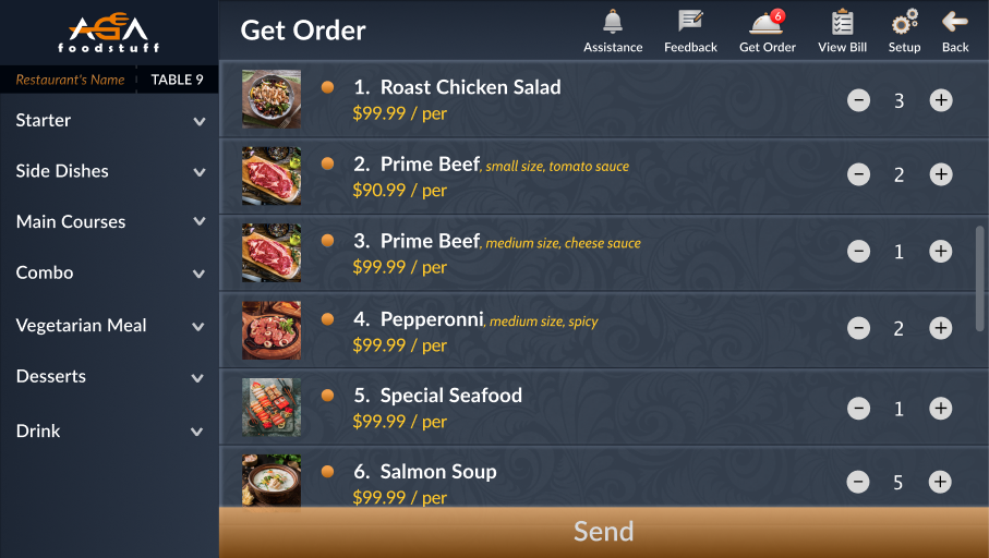 Get Order screen with selected dishes, item options, quantity controls and the Send button
