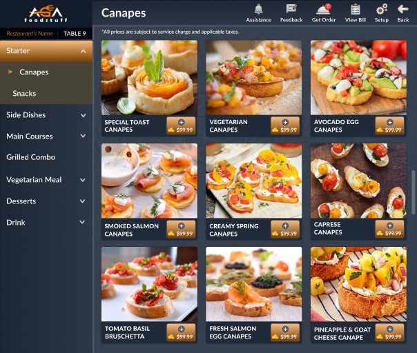 Digital Menu tablet interface with starter categories, dish photos and add-item controls