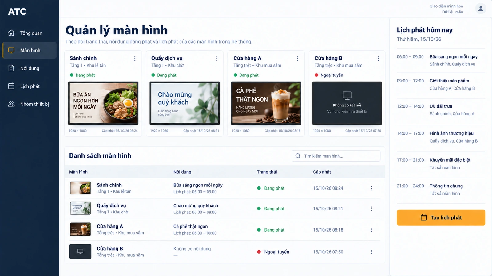 Illustrative cloud signage dashboard with screen status and playback schedules