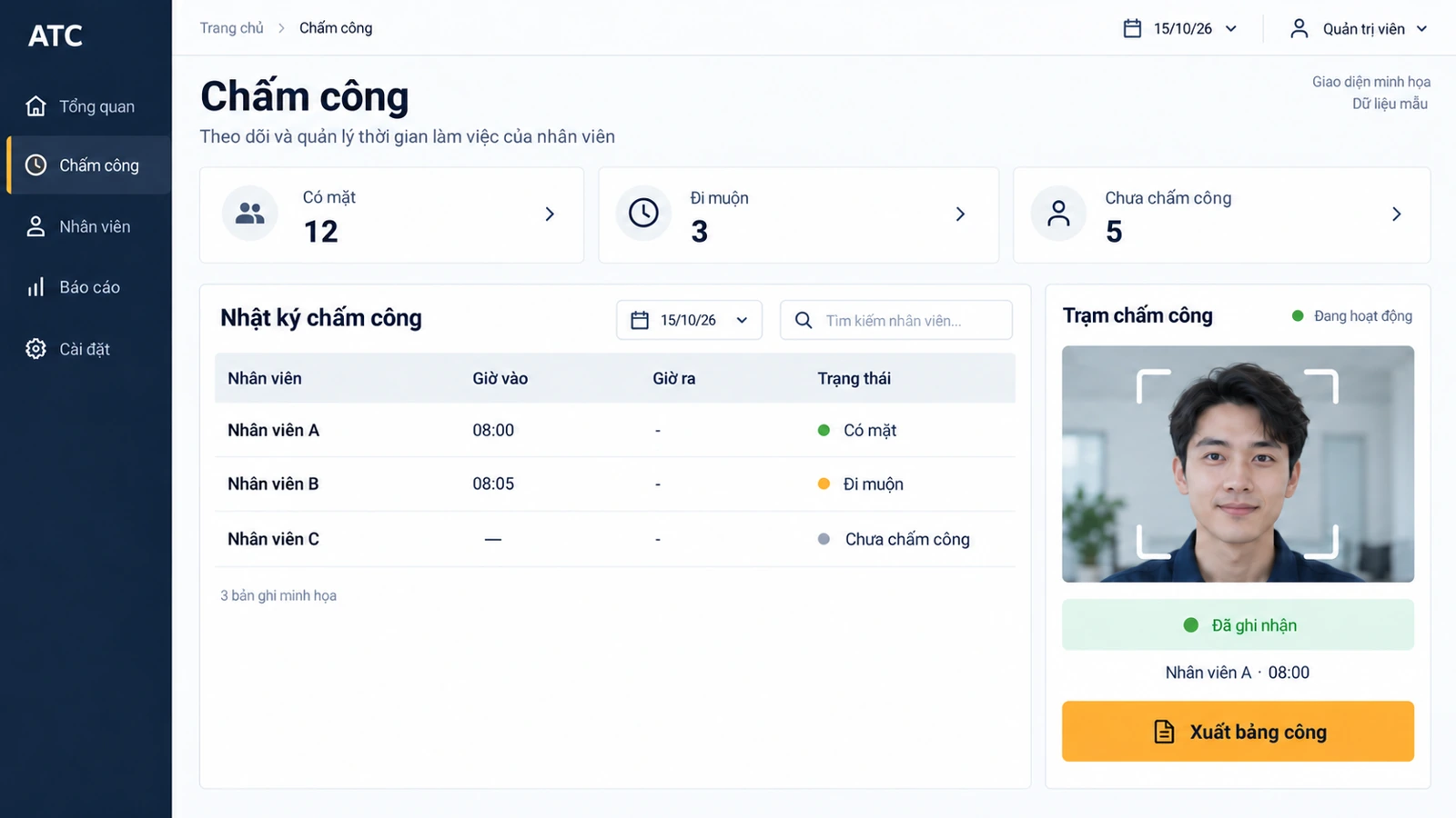 Illustrative attendance dashboard with a clock-in station preview