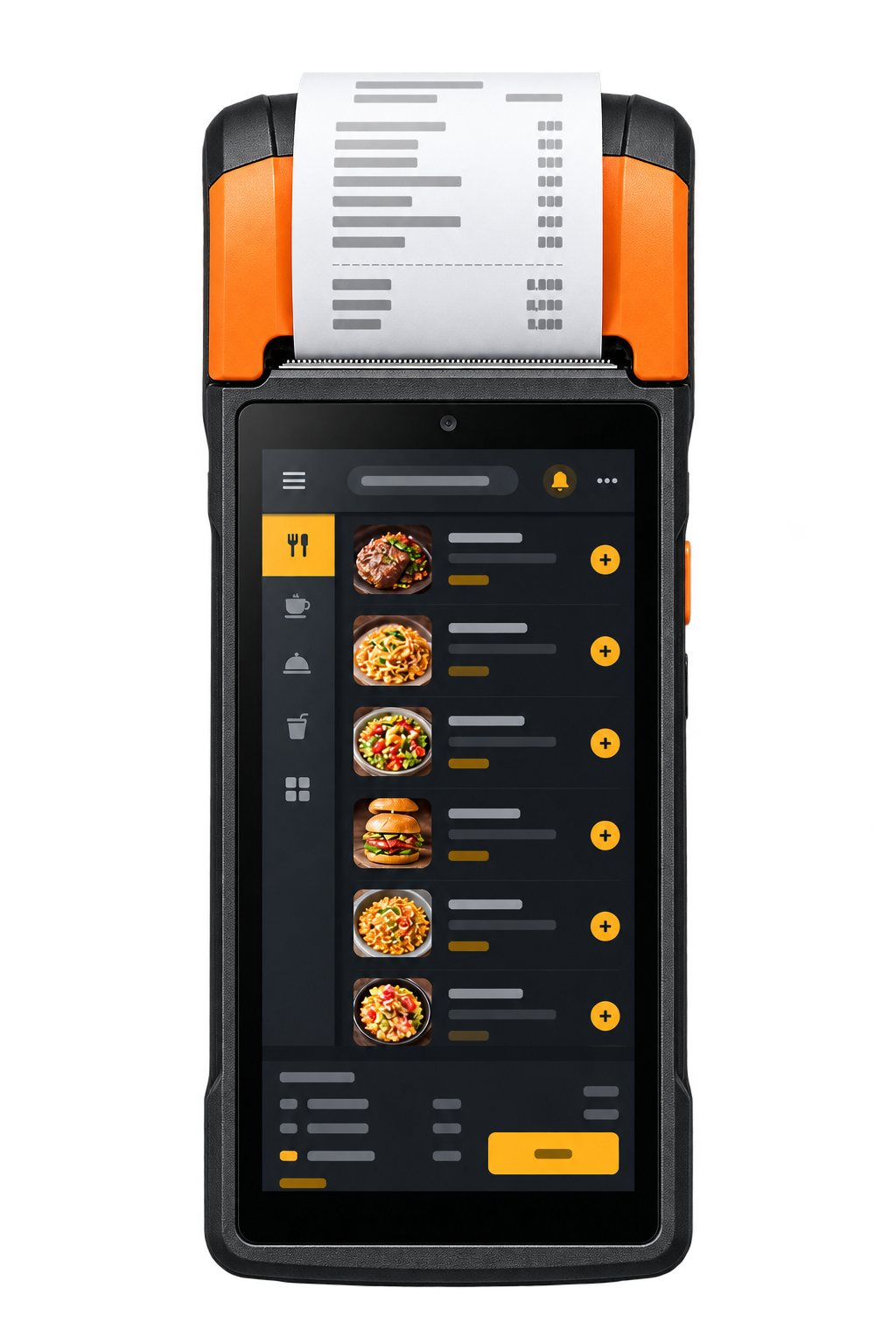 Illustrative black handheld POS terminal with orange printer housing
