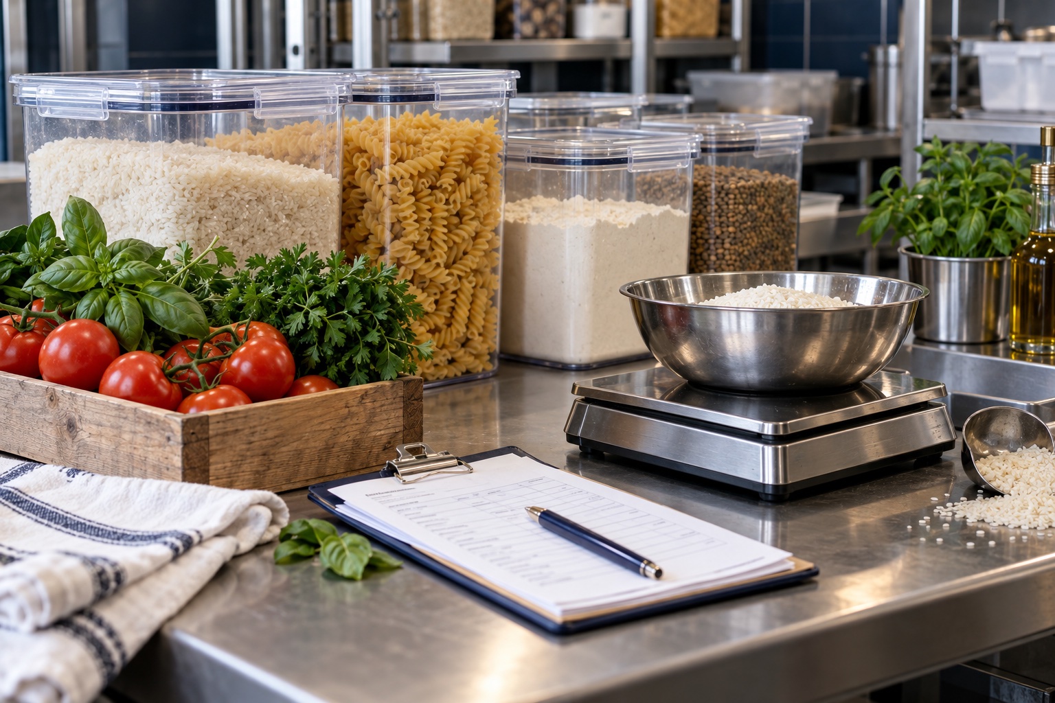 Rice, flour and other restaurant ingredients beside a scale and a goods receipt