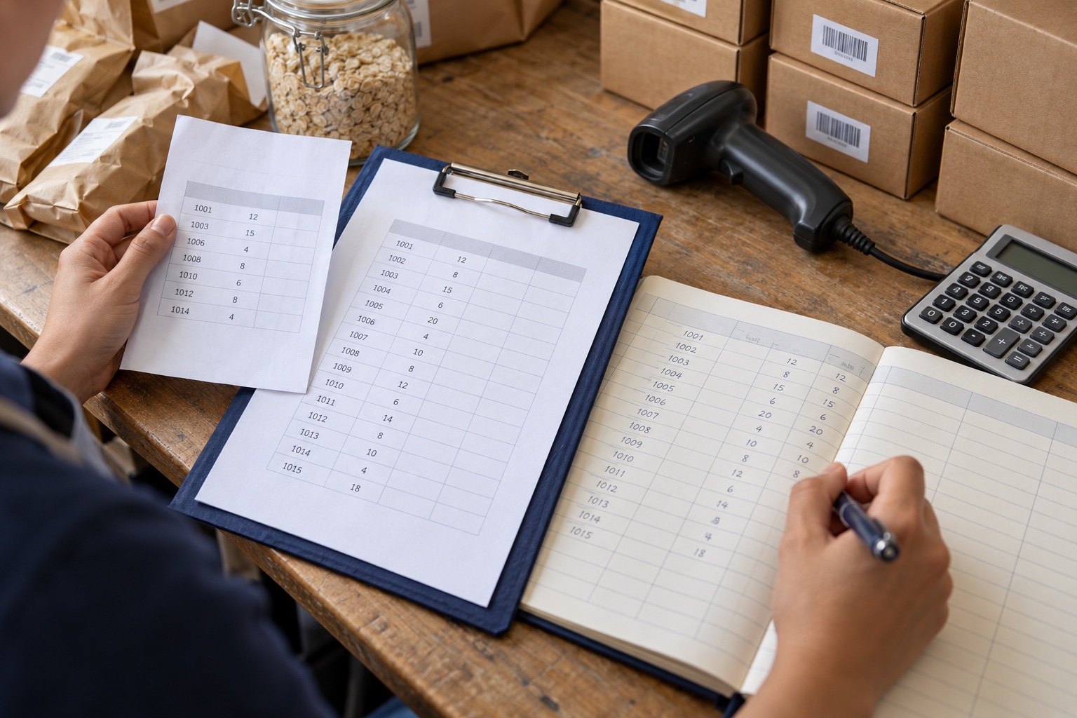 Stock clerk comparing a count sheet, a goods receipt and a stock ledger beside a barcode scanner