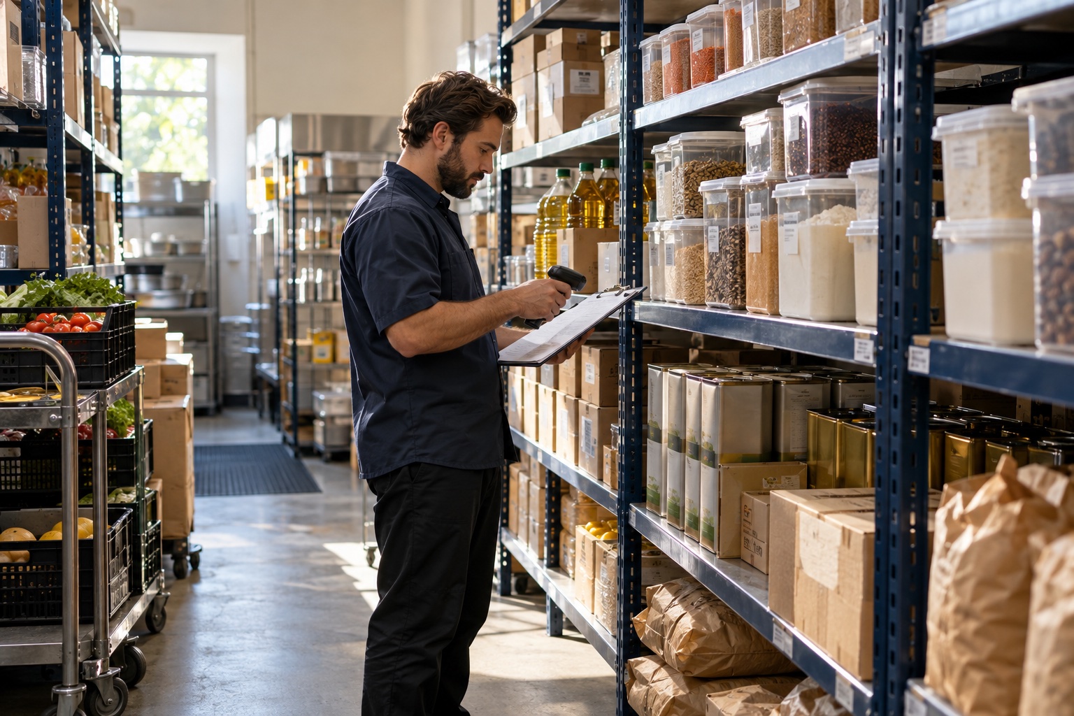 Inventory manager checking goods and dry ingredients in a well-organized stockroom