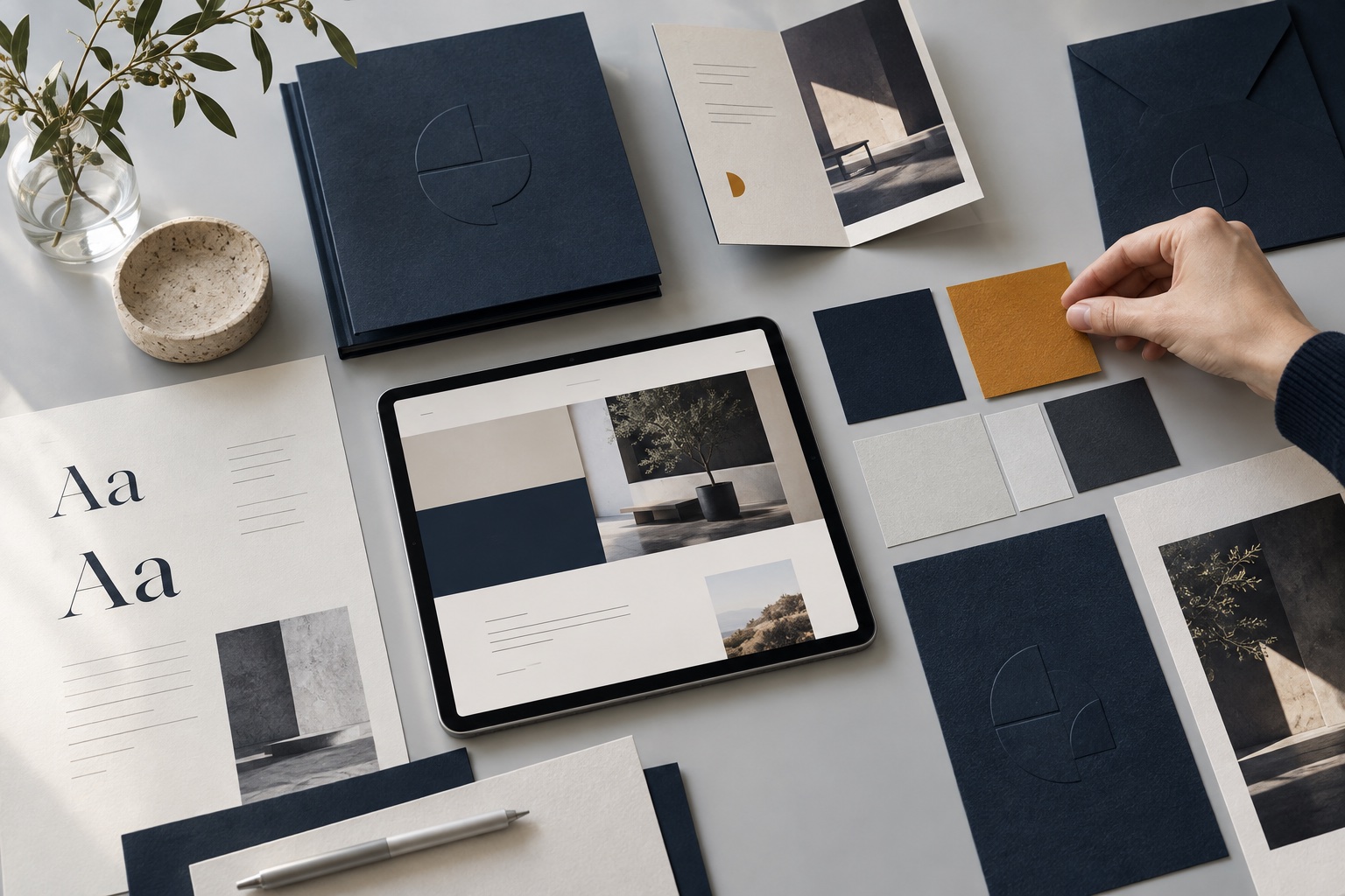 Brand identity workshop with coordinated stationery, colour swatches and a tablet website