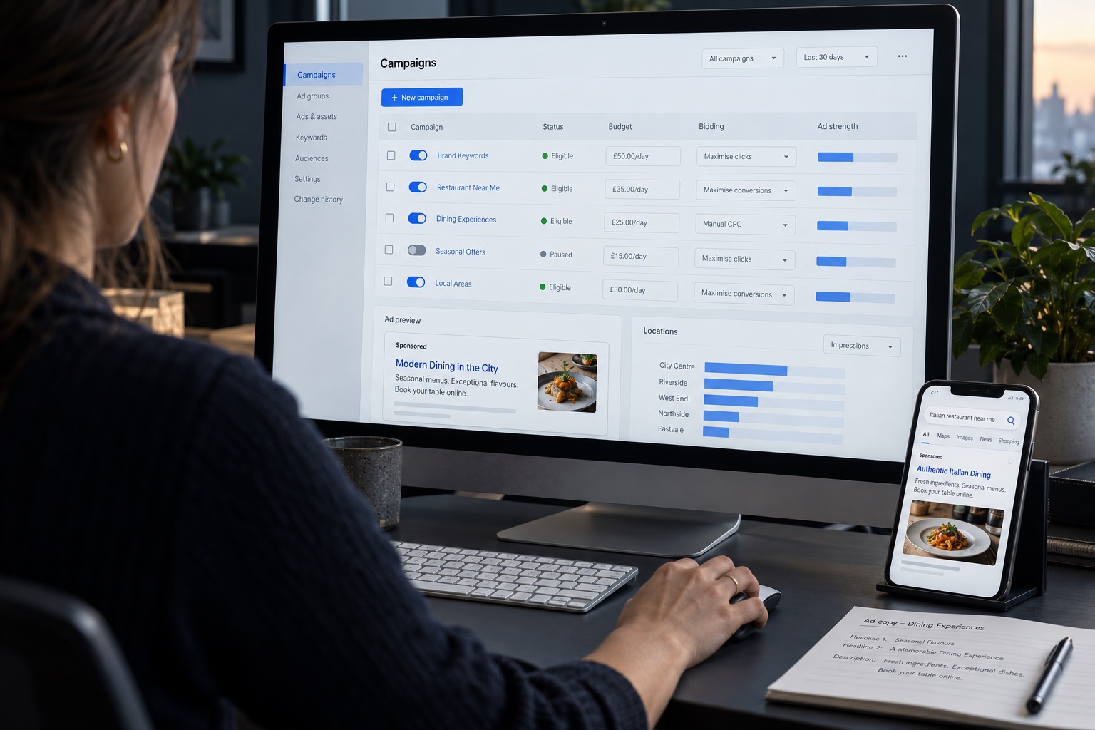 Concept illustration of a specialist reviewing ad campaigns and a mobile ad preview