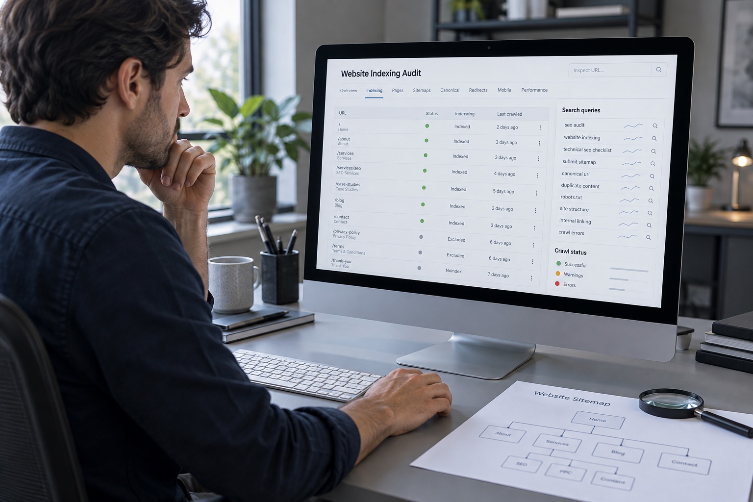 Concept illustration of an SEO specialist reviewing website indexing and a sitemap