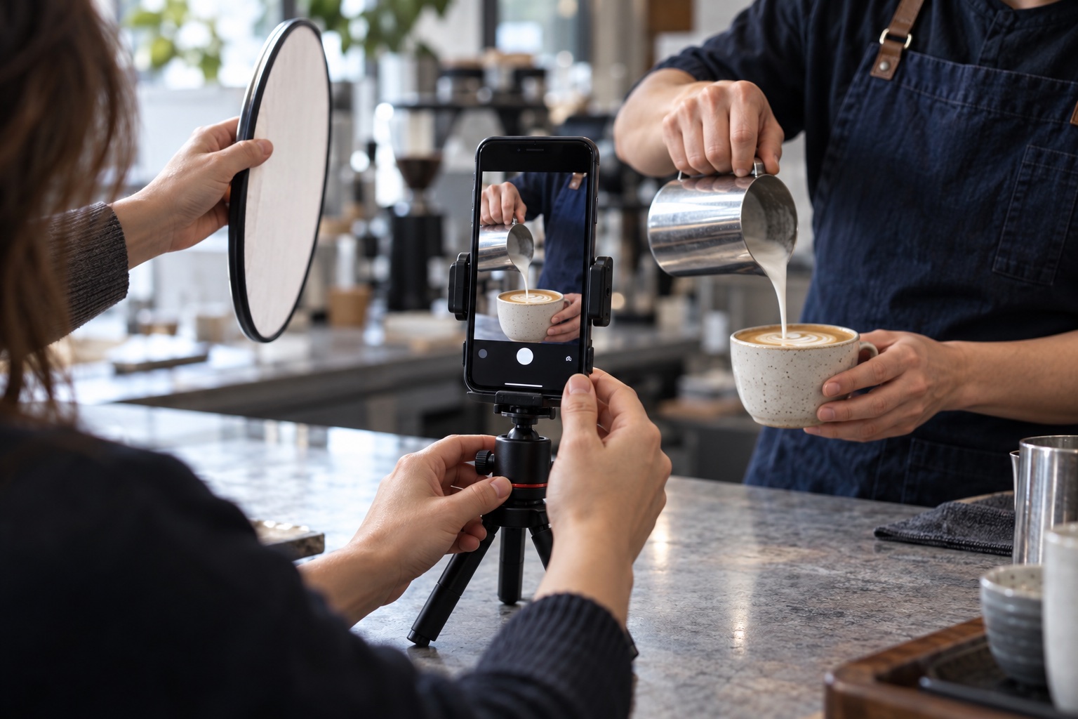 A content creator films a cafe service moment with a smartphone