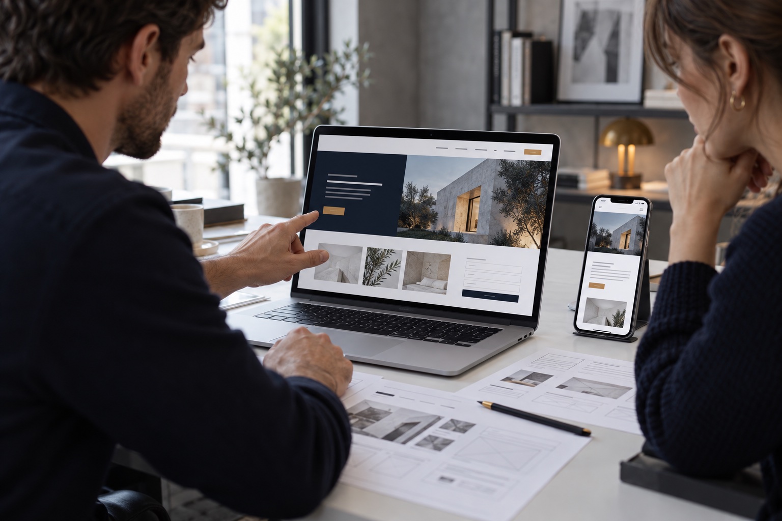Website design review showing a coordinated desktop and mobile experience