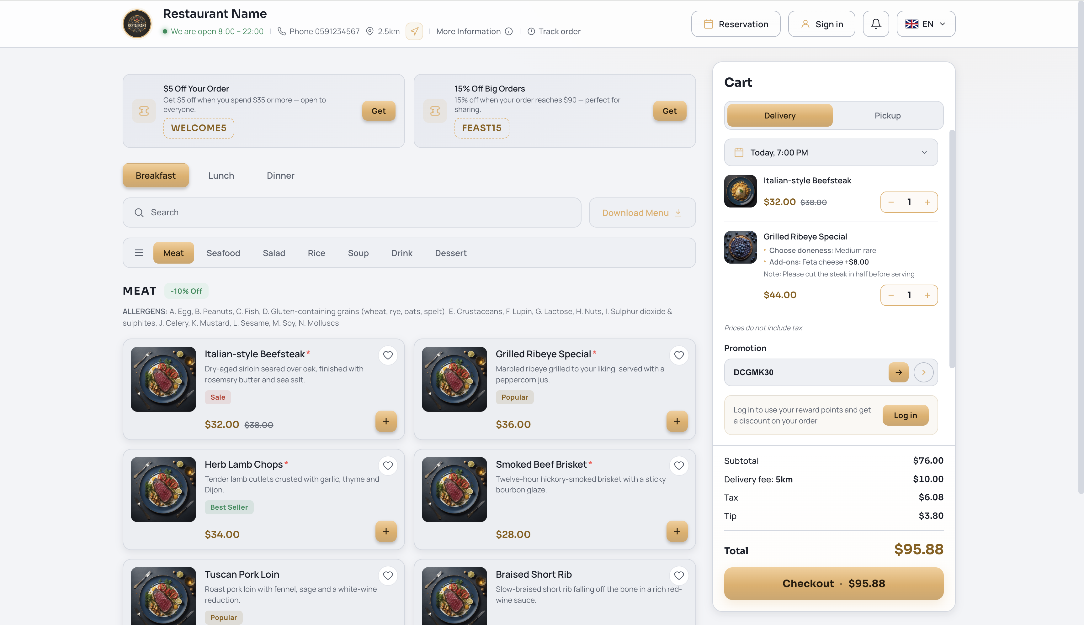 Alternative light webshop theme with menu search, meal categories, offers, dish options and a detailed delivery cart