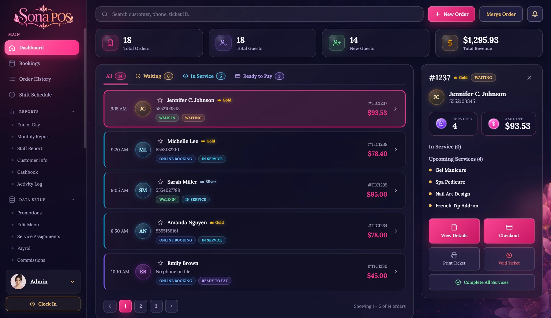 Dark theme nail salon and spa POS dashboard