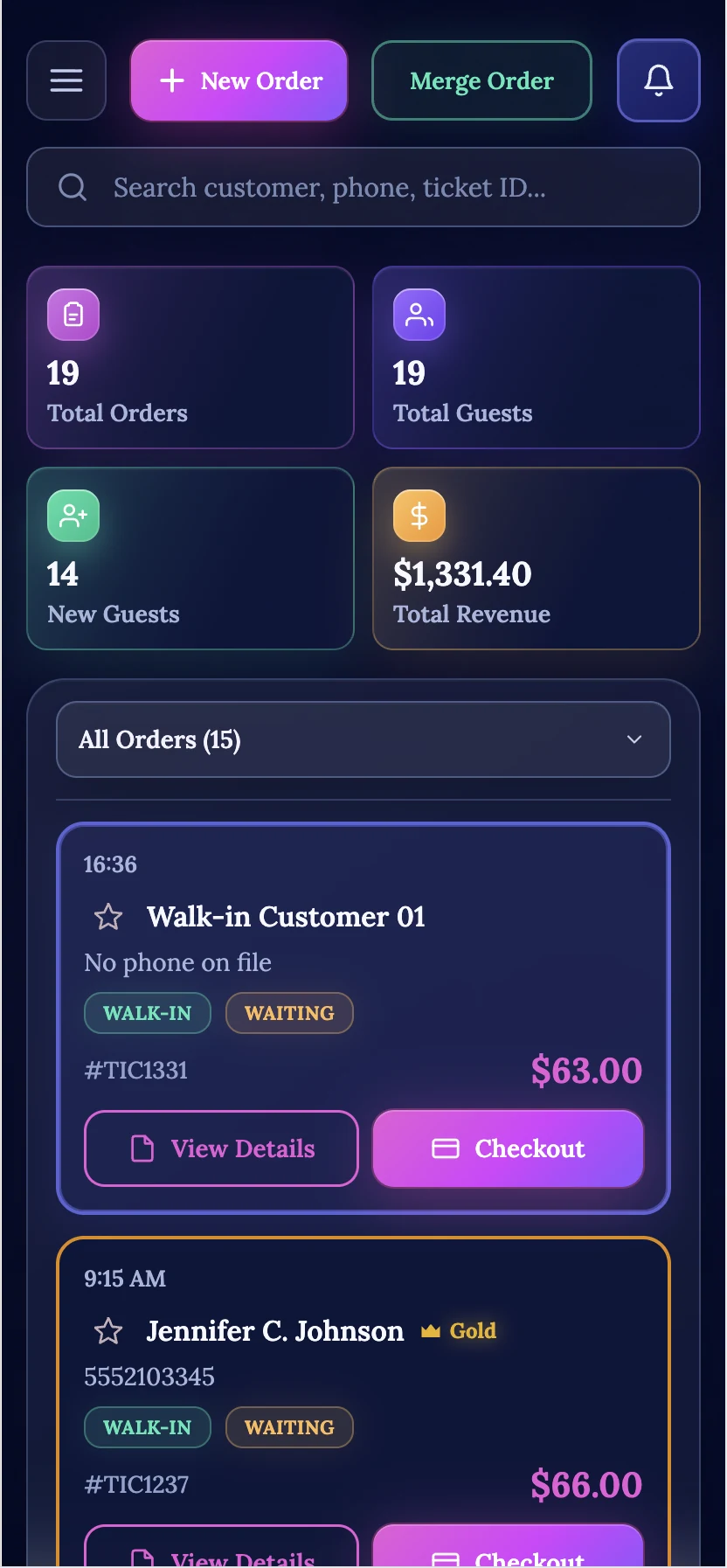 Portrait mobile dashboard for salon and spa POS