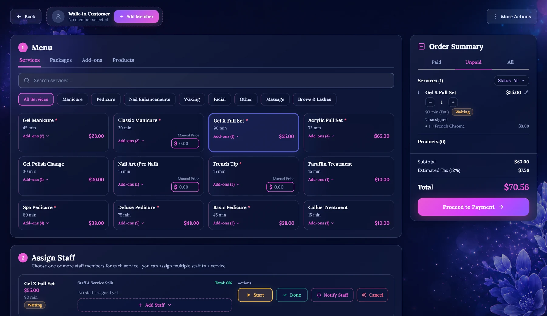 Beauty POS service menu with packages, add-ons and staff assignment