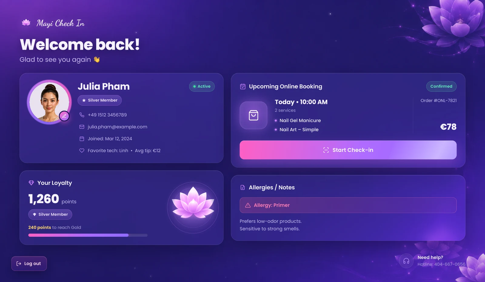 Returning customer profile with loyalty and booking details