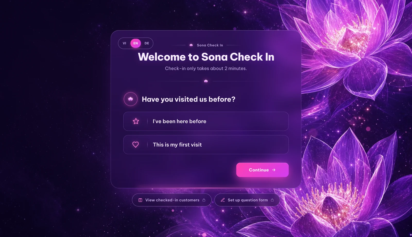 Customer check-in welcome screen in English