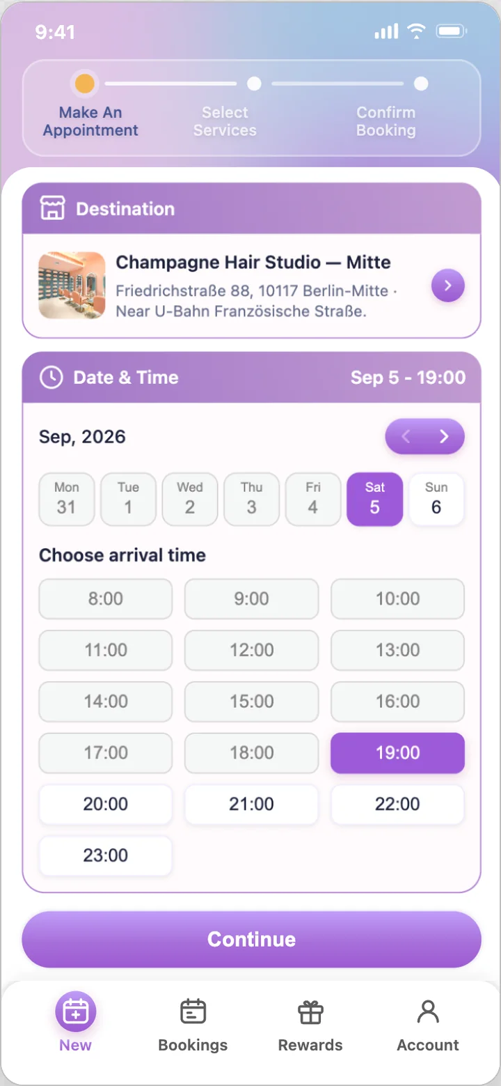 Beauty online booking app on a portrait mobile screen