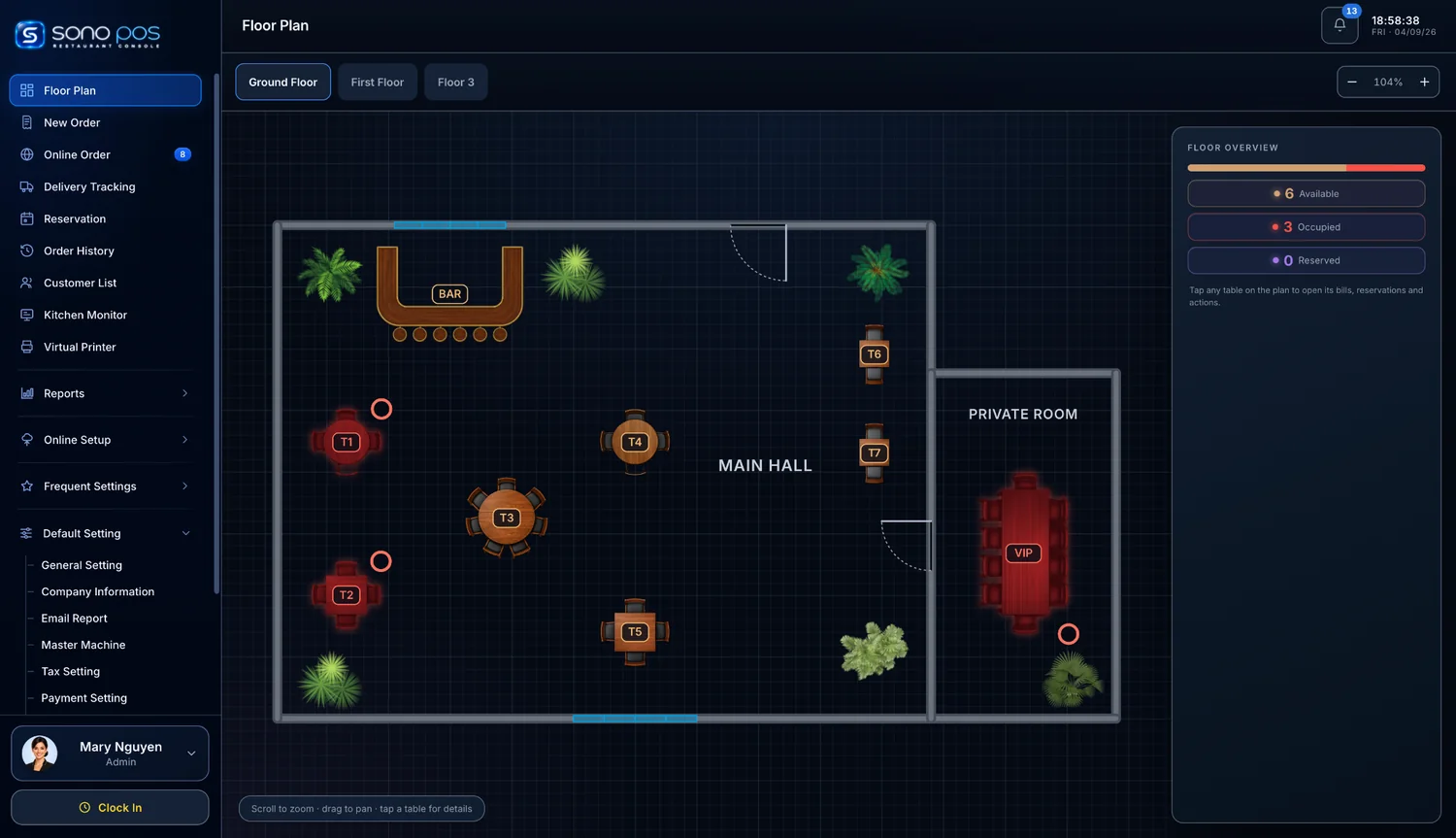 Restaurant POS floor plan and table management interface