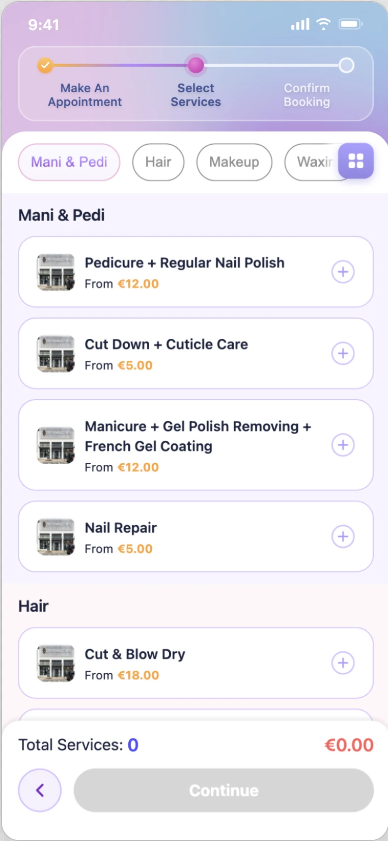 Beauty service selection on mobile