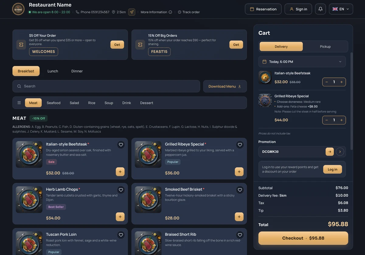 Dark restaurant online ordering page with menu, cart, delivery and promotions
