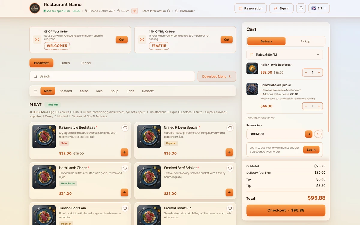 Light theme online ordering interface