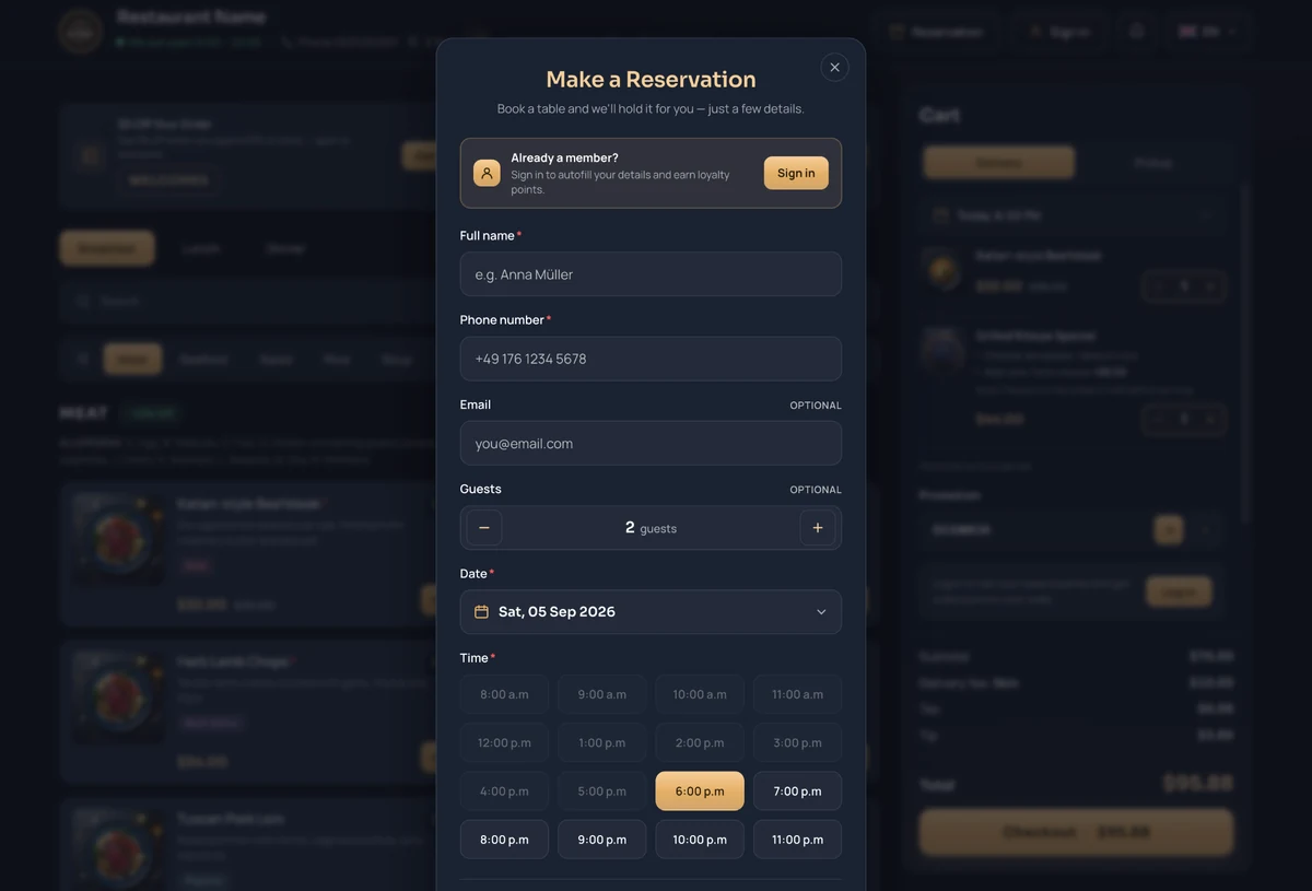Restaurant reservation interface from the ATC product portfolio
