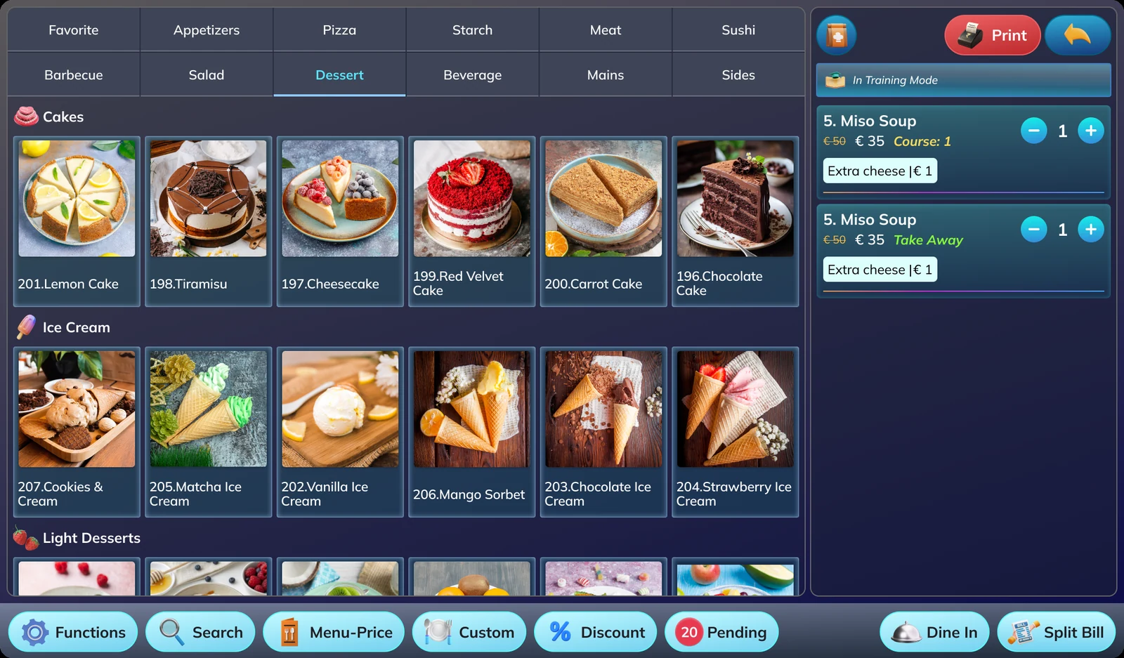 Restaurant menu order entry interface