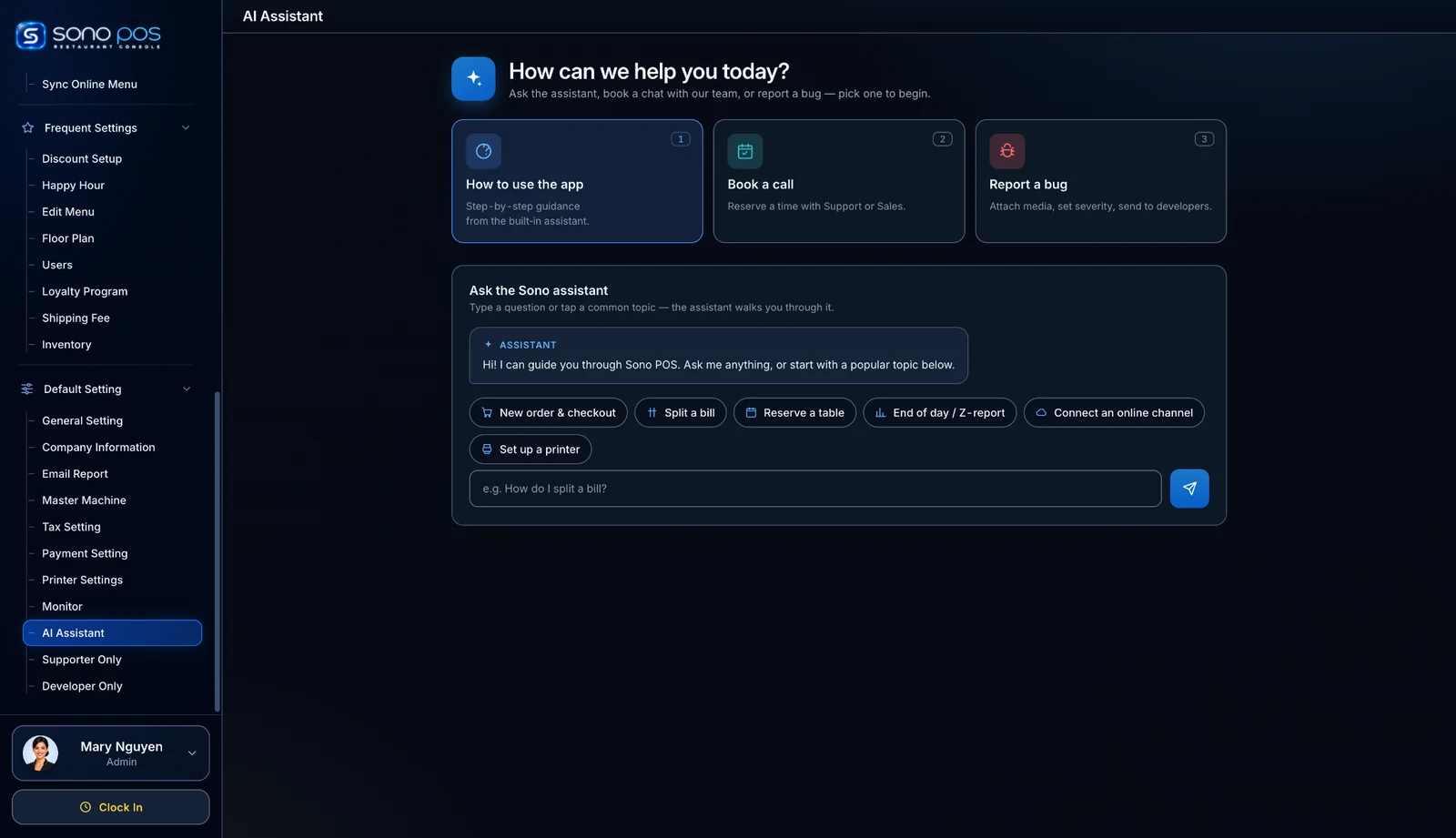 Sono POS assistance in a dark interface