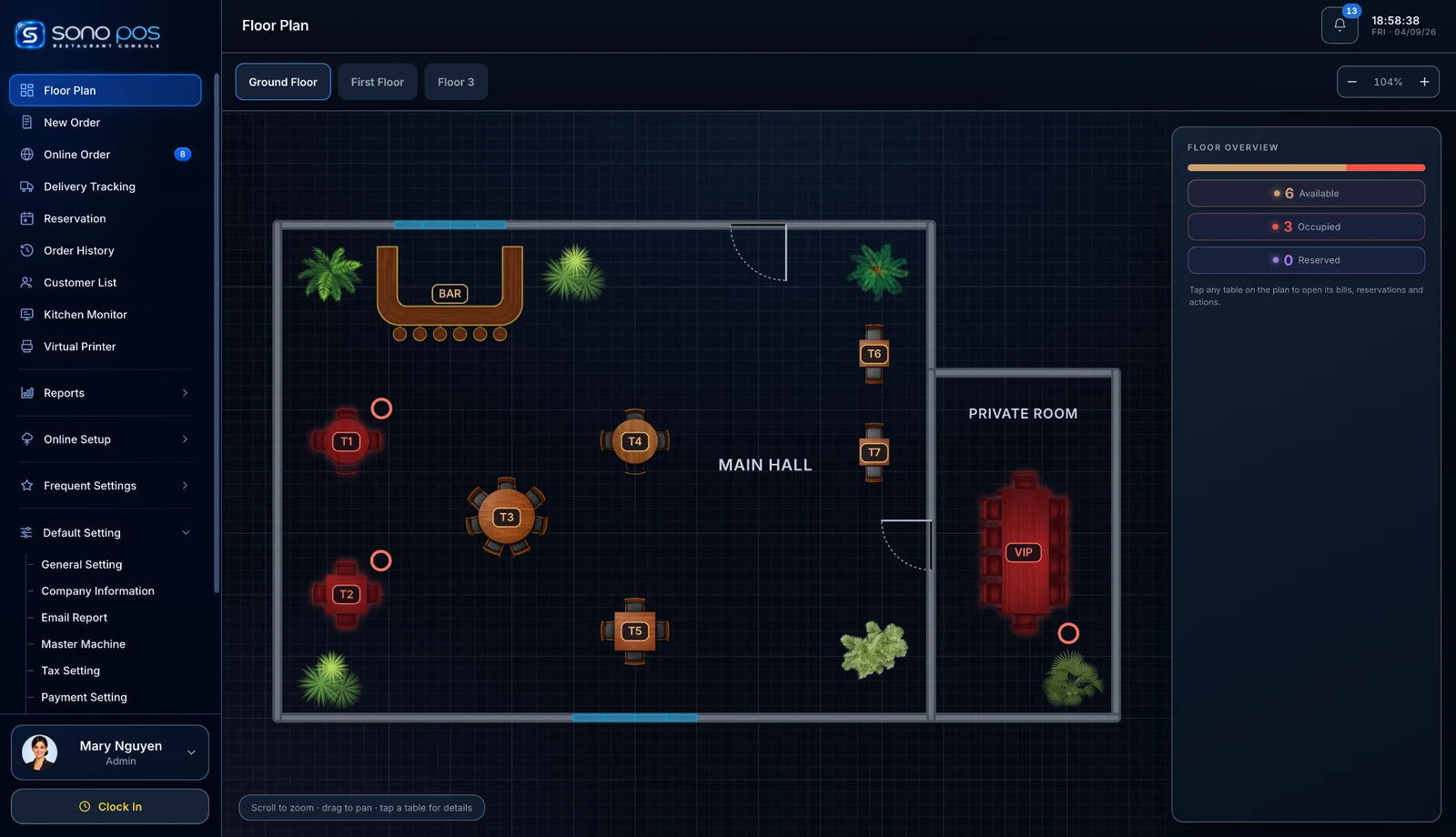 Desktop restaurant floor plan interface