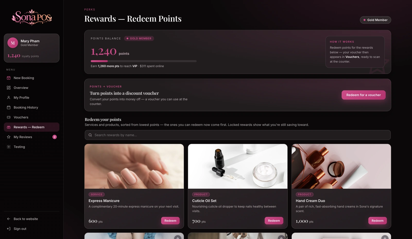 Sona Online Booking — Redeem rewards