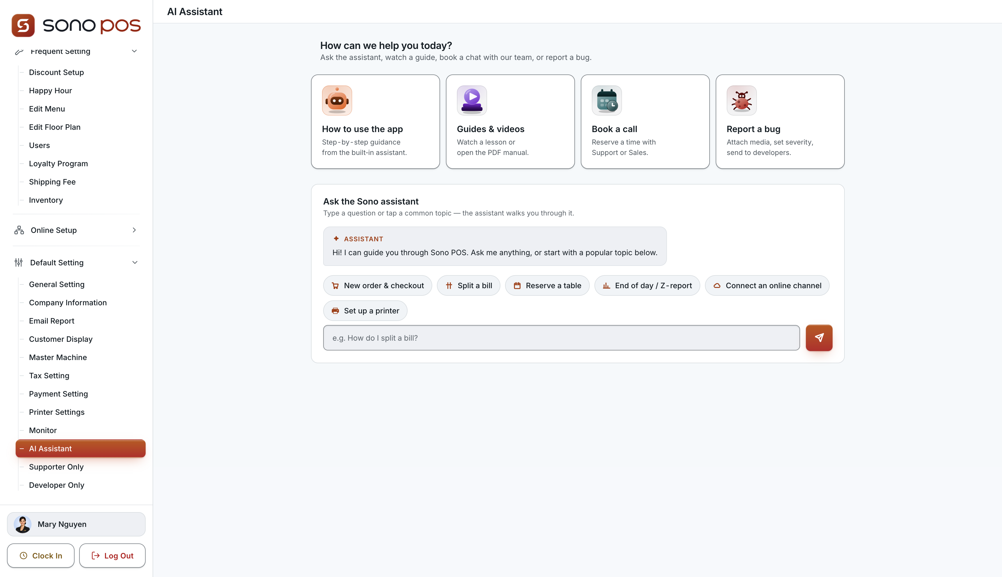 Sono POS AI Assistant with guided help, tutorials and support options