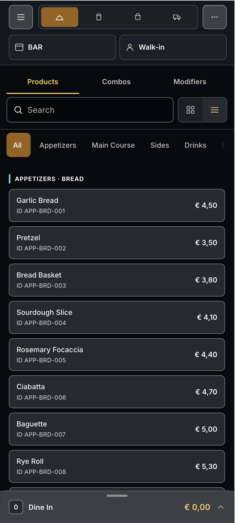 Sono POS mobile ordering screen