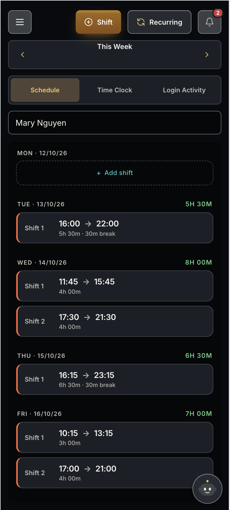 Sono POS mobile shift schedule