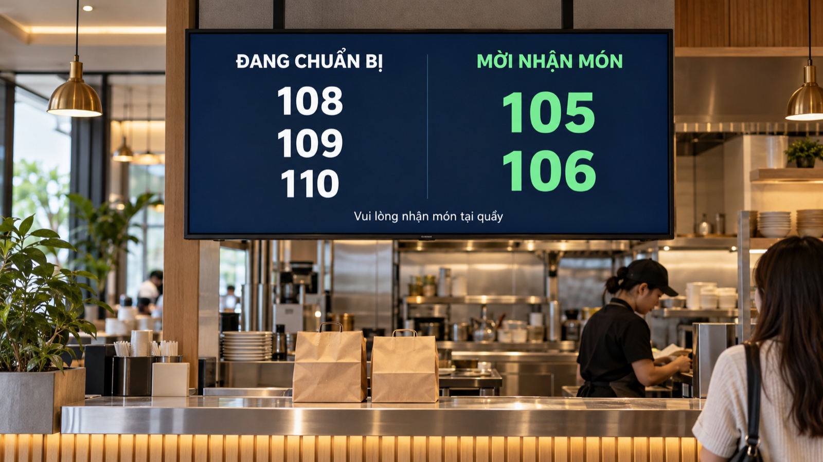 Illustrative restaurant pickup screen with preparing orders 108, 109 and 110, and ready orders 105 and 106