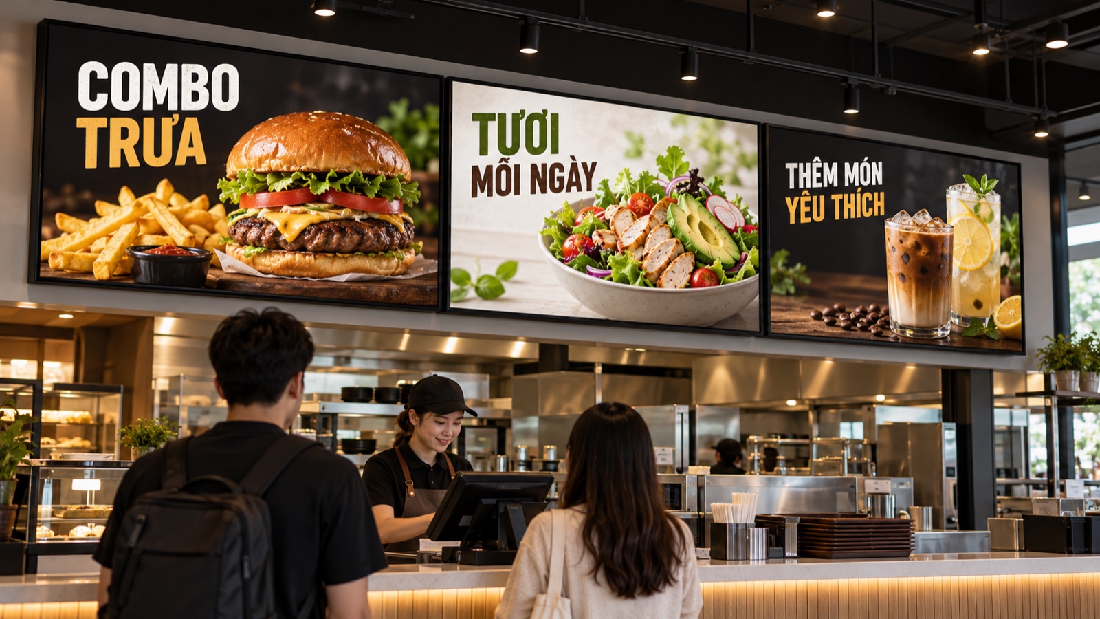 Illustration of three menu and promotional screens installed above a restaurant cashier