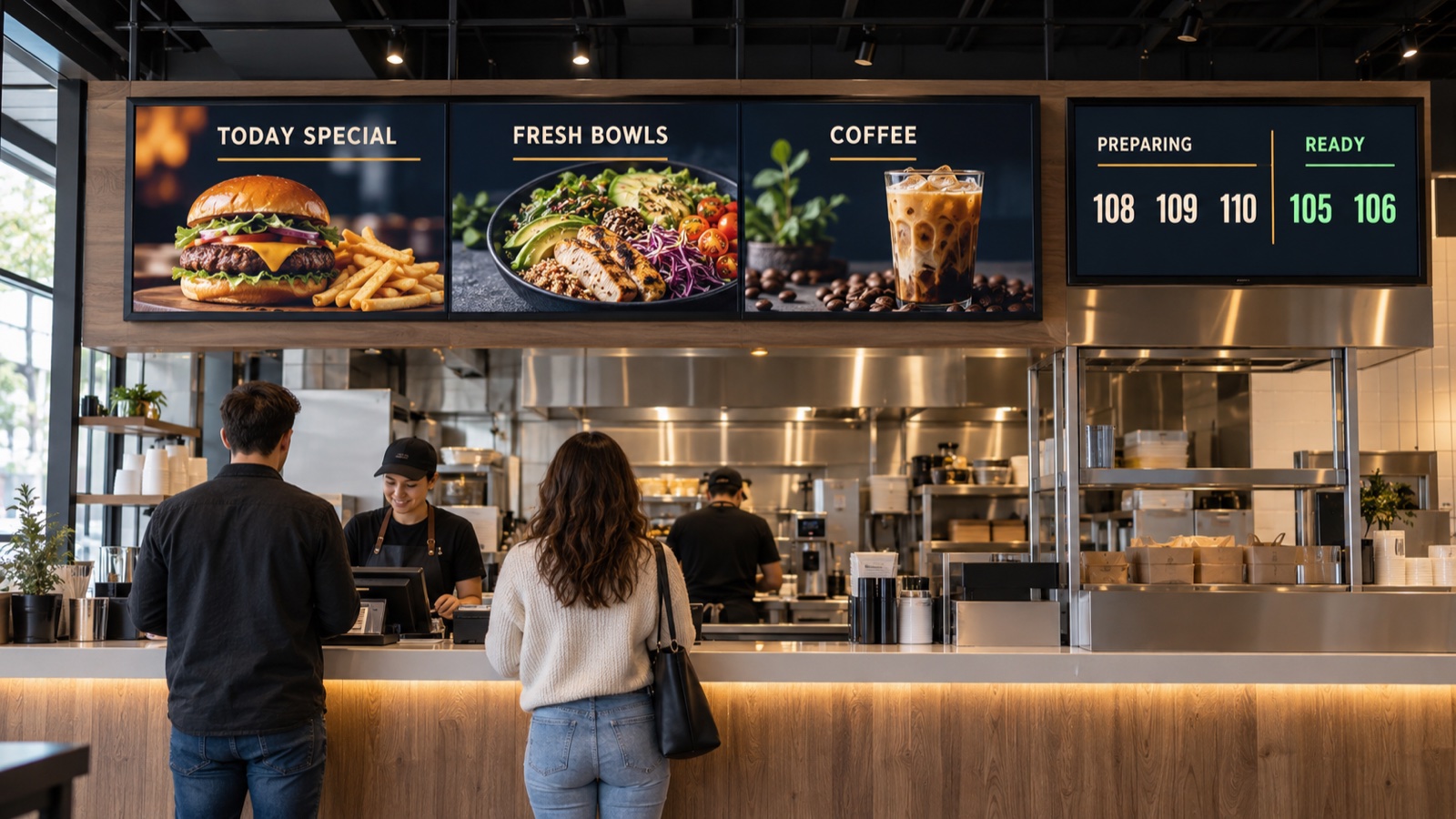 Illustration of menu and advertising screens above a restaurant cashier, beside an order pickup display
