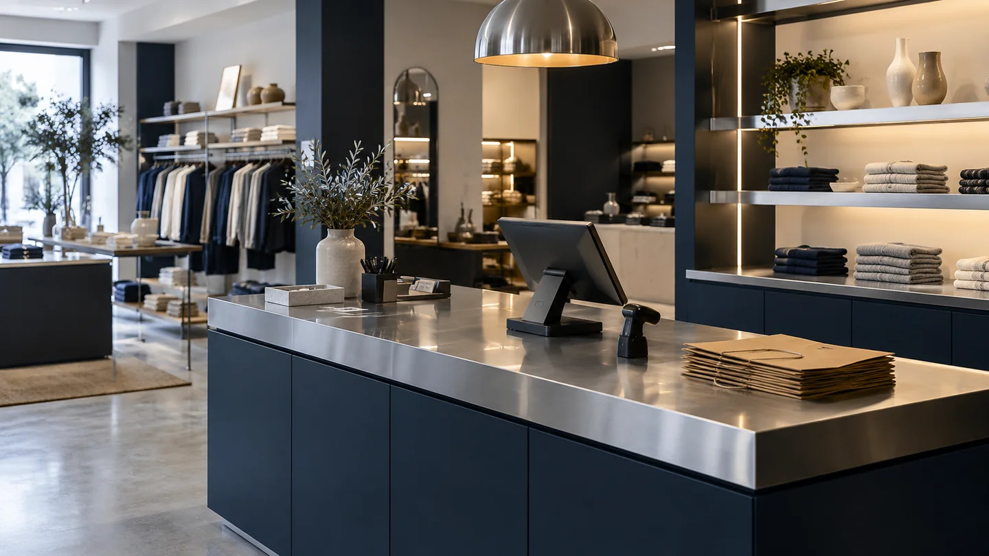 Illustrative retail store with a checkout counter